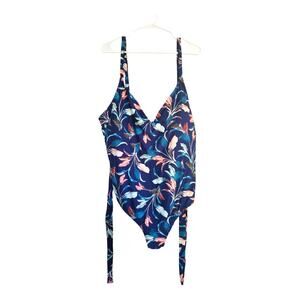 NEW Mynah Women's Plus Lush Leaves V-Neck One-Piece Swimsuit in Blue (Size: 24W)